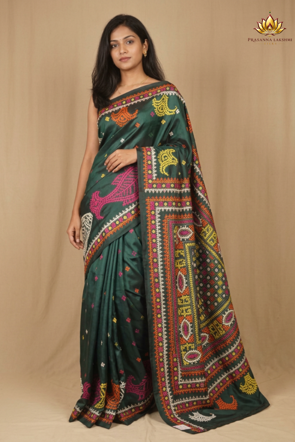 Semi Bangalore silk saree with all-over hand Kantha work and rich embroidered pallu.
