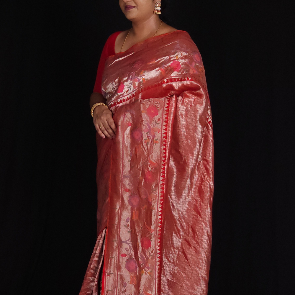 "Red Ptissue saree with floral pallu and running blouse"