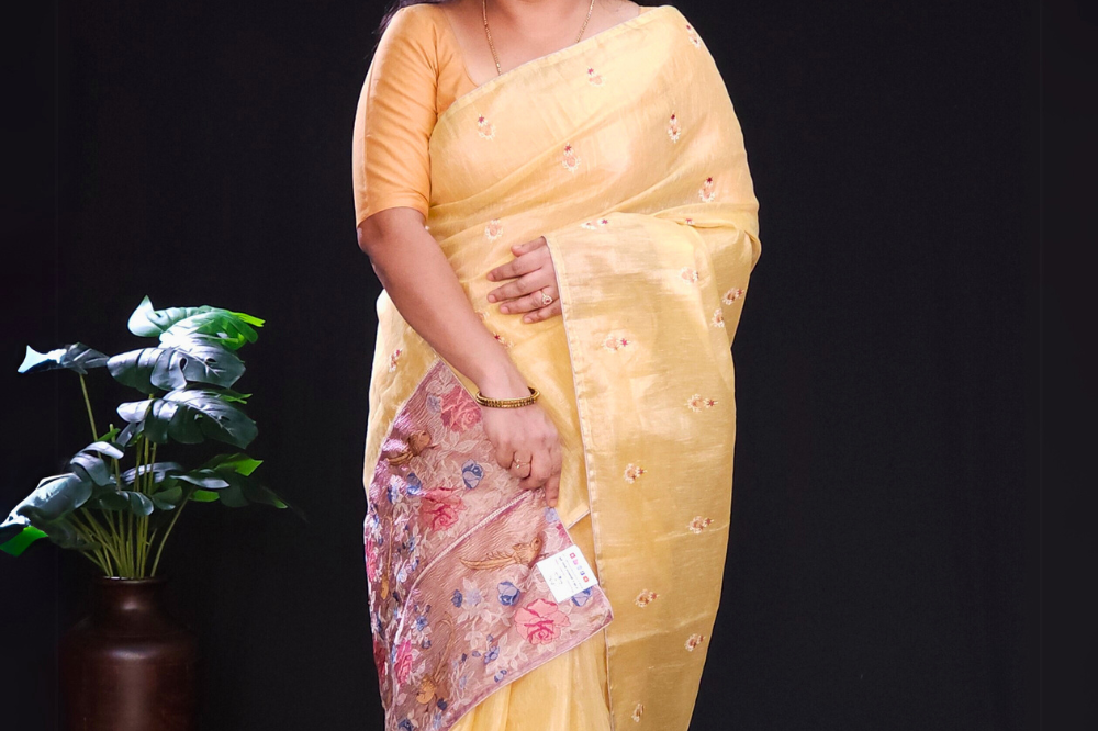 yellow jute silk saree for parties 