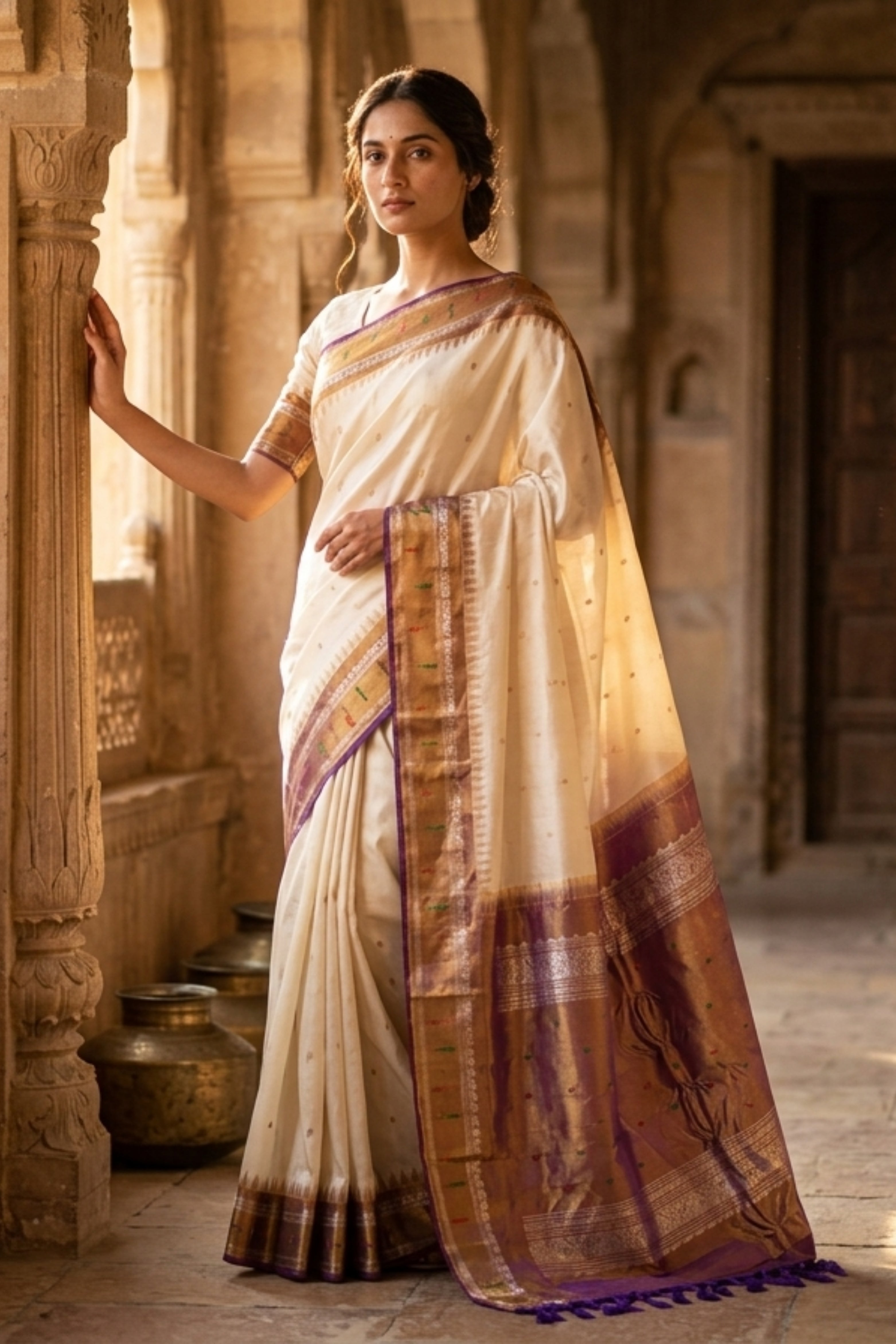 Handloom Gadwal pure tissue silk saree with intricate zari motifs and muniya borders.
