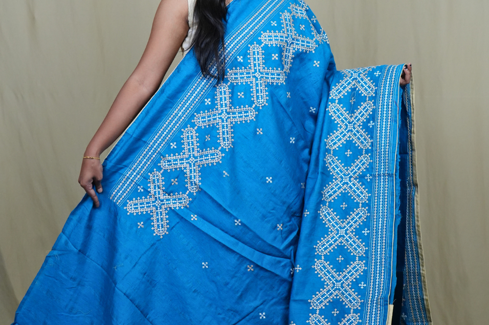 Traditional semi Tussar saree suitable for festive occasions with intricate Kutch work detailing.