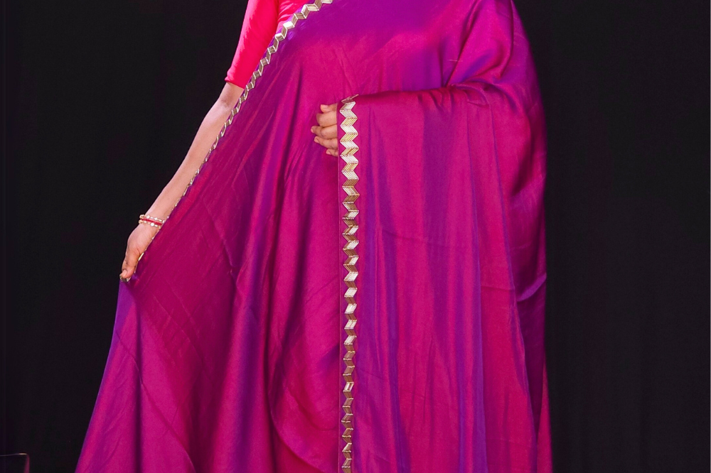 Purple crepe satin sarees for parties