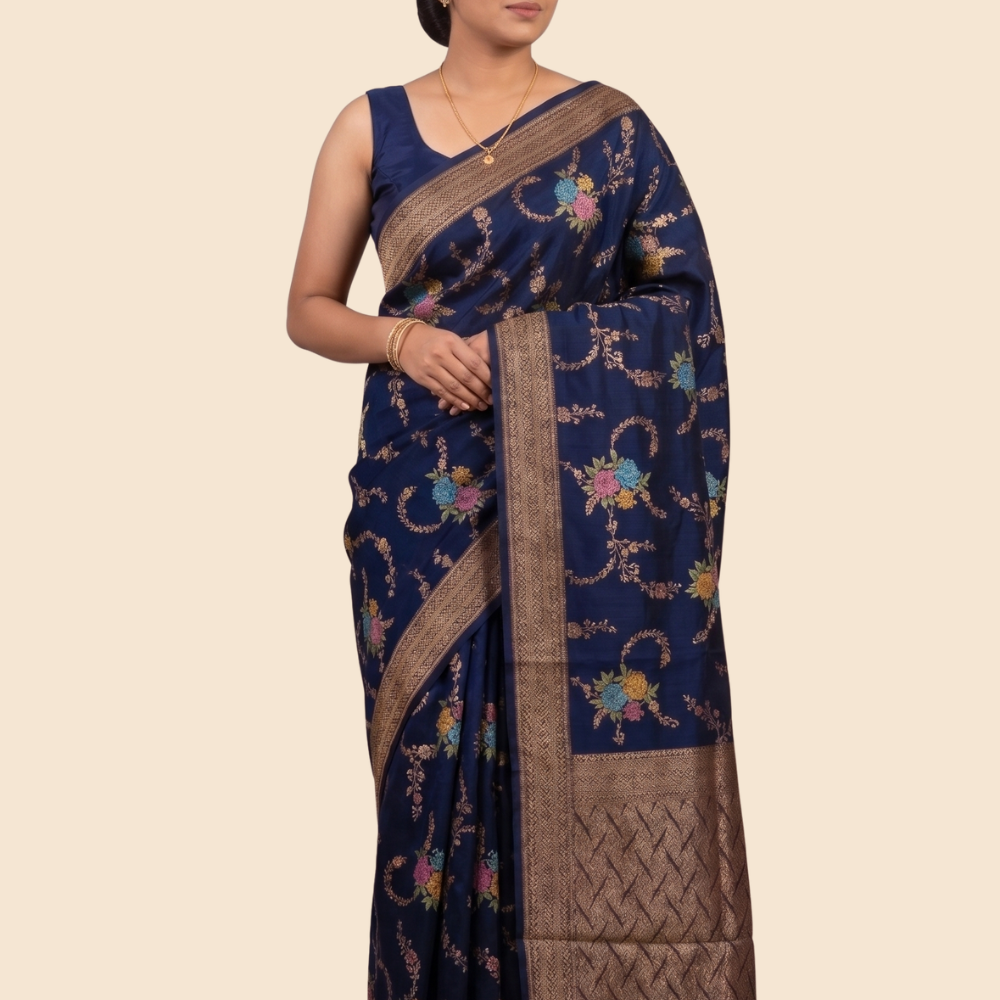Banarasi Dupion saree with antique zari floral weaving
