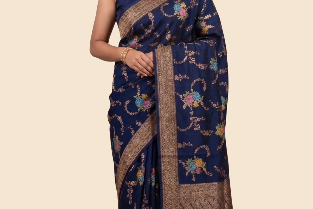 Banarasi Dupion saree with antique zari floral weaving
