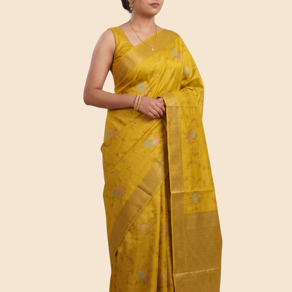 Banarasi Dupion saree with antique zari floral weaving
