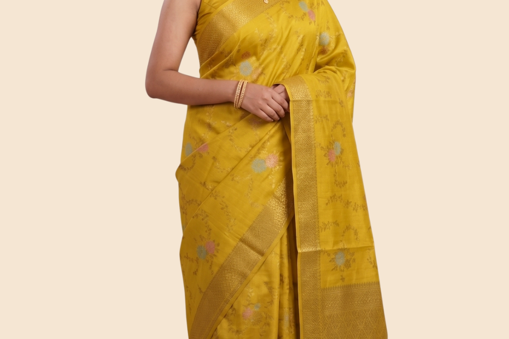 Banarasi Dupion saree with antique zari floral weaving
