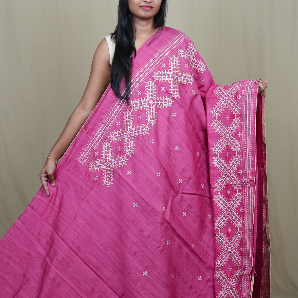 Traditional semi Tussar saree suitable for festive occasions with intricate Kutch work detailing.
