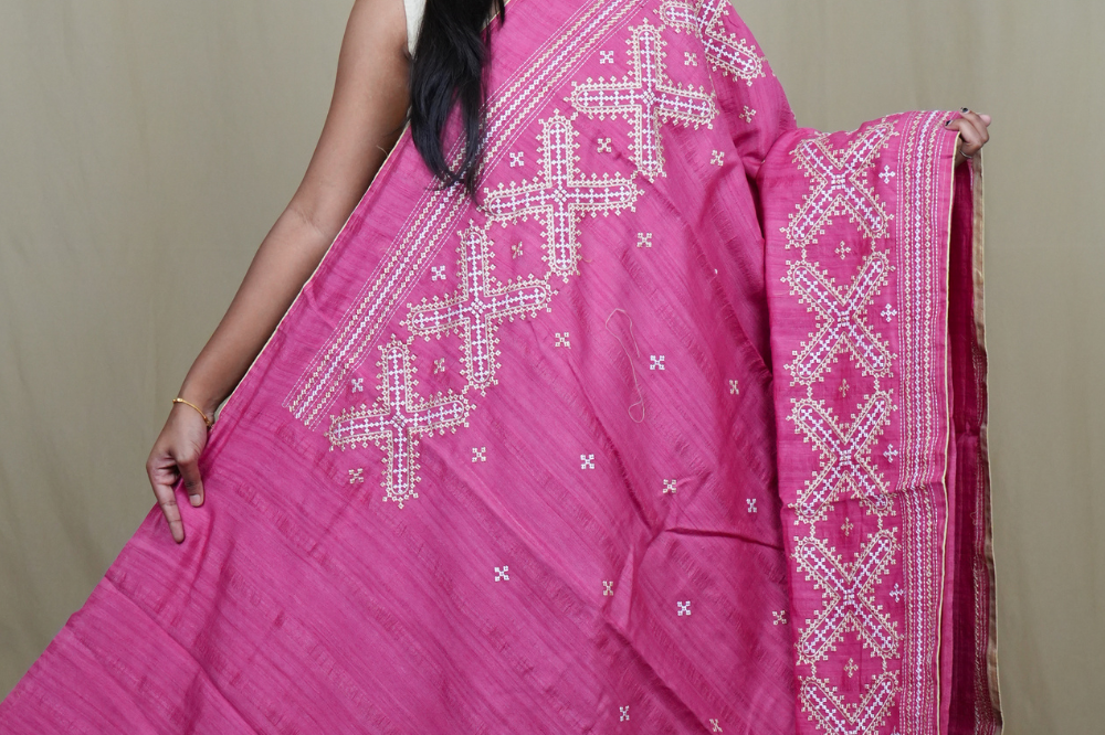 Traditional semi Tussar saree suitable for festive occasions with intricate Kutch work detailing.