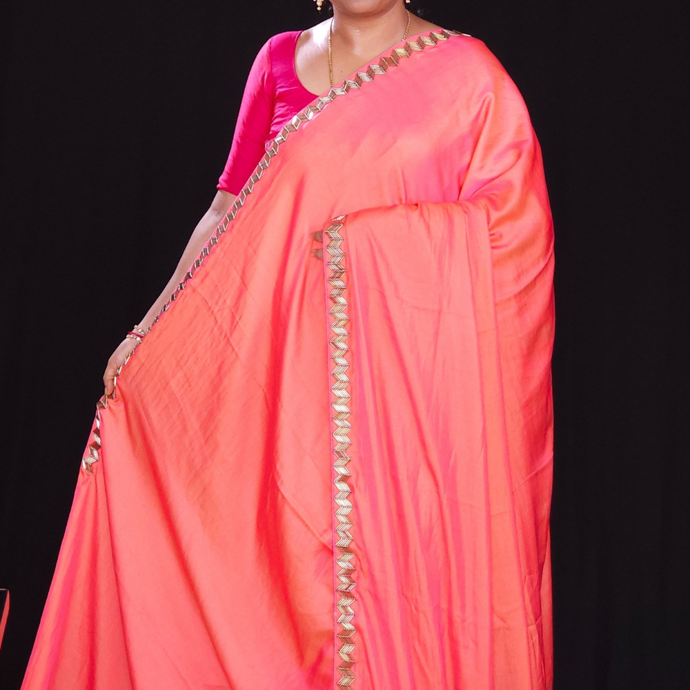 Coral Pink crepe satin sarees for parties