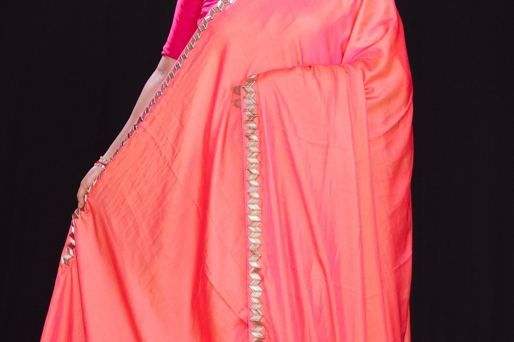 Coral Pink crepe satin sarees for parties