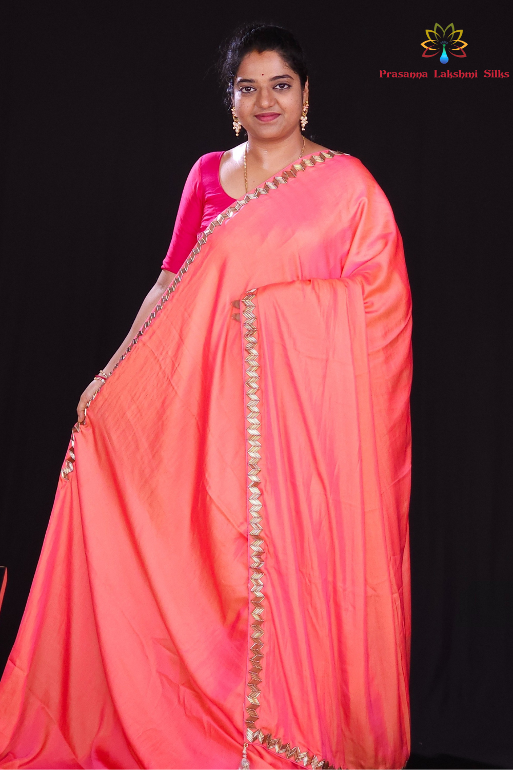 Coral Pink crepe satin sarees for parties