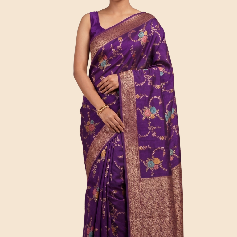 Banarasi Dupion saree with antique zari floral weaving
