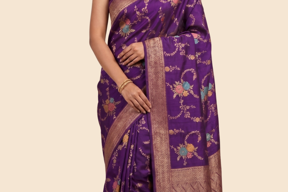 Banarasi Dupion saree with antique zari floral weaving
