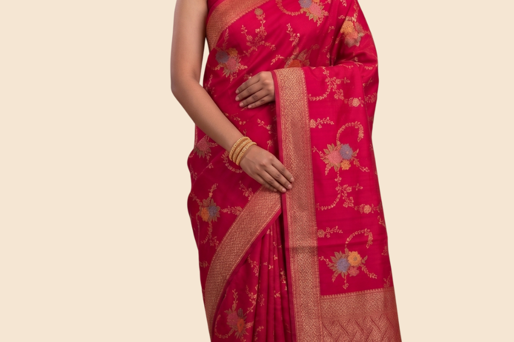 Banarasi Dupion saree with antique zari floral weaving

