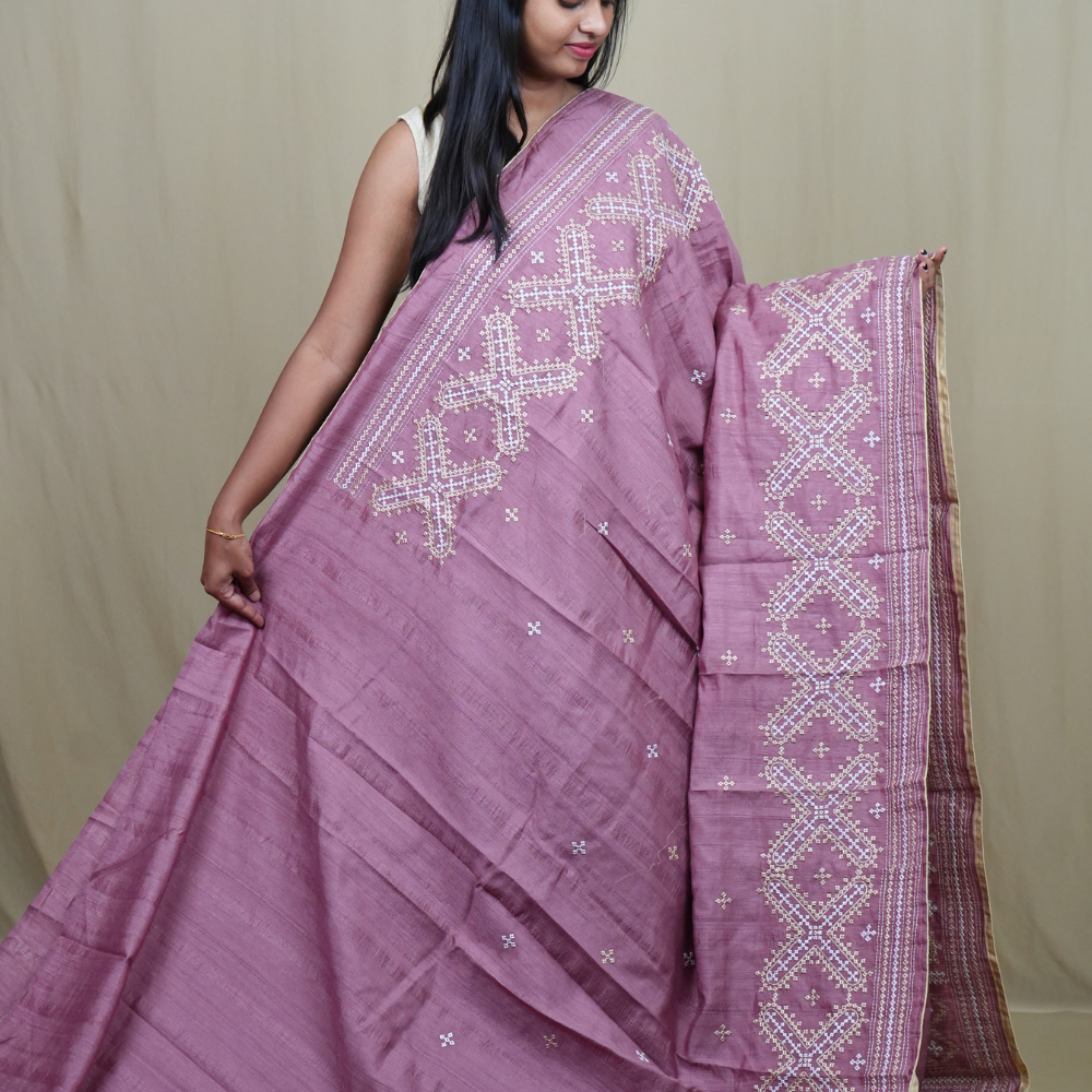 Traditional semi Tussar saree suitable for festive occasions with intricate Kutch work detailing.