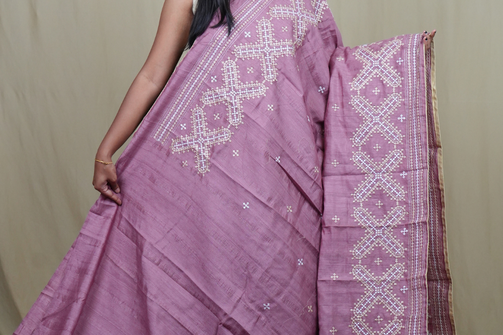 Traditional semi Tussar saree suitable for festive occasions with intricate Kutch work detailing.