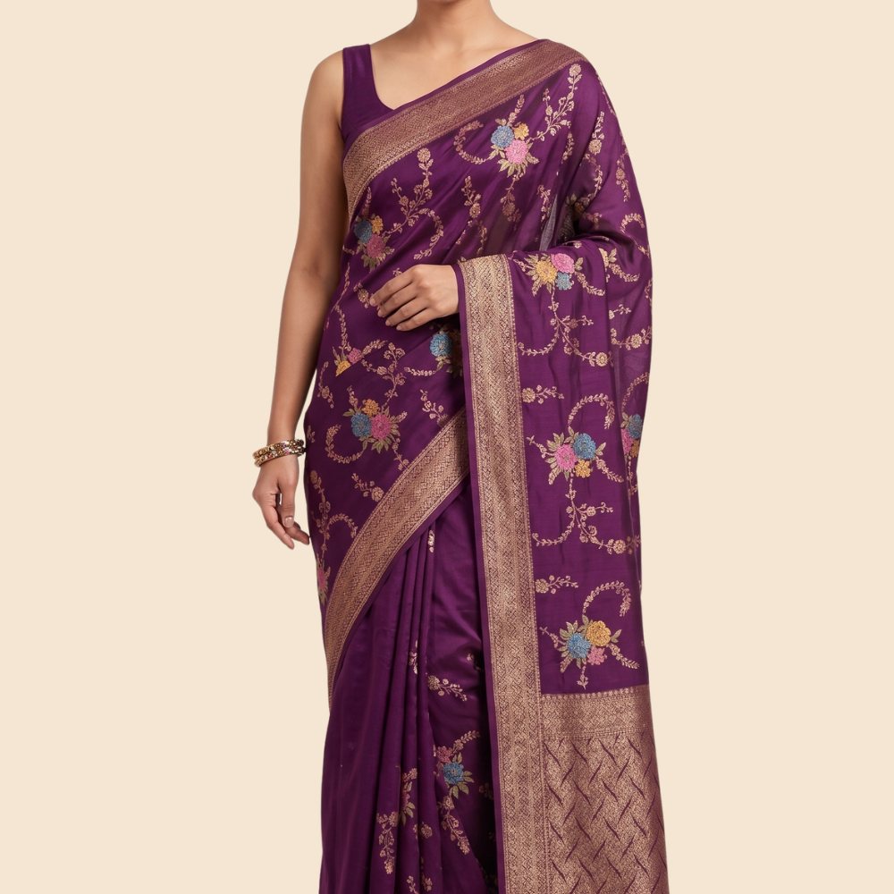 Banarasi Dupion saree with antique zari floral weaving
