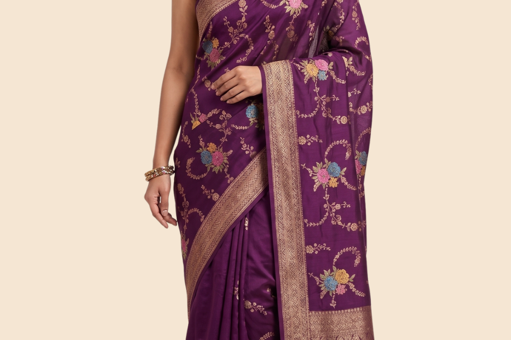 Banarasi Dupion saree with antique zari floral weaving

