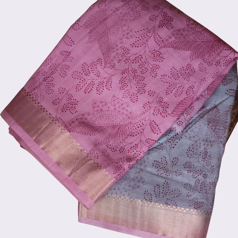 Women's premium dual colour linen saree featuring digital floral design, zari border, and stylish printed pallu.