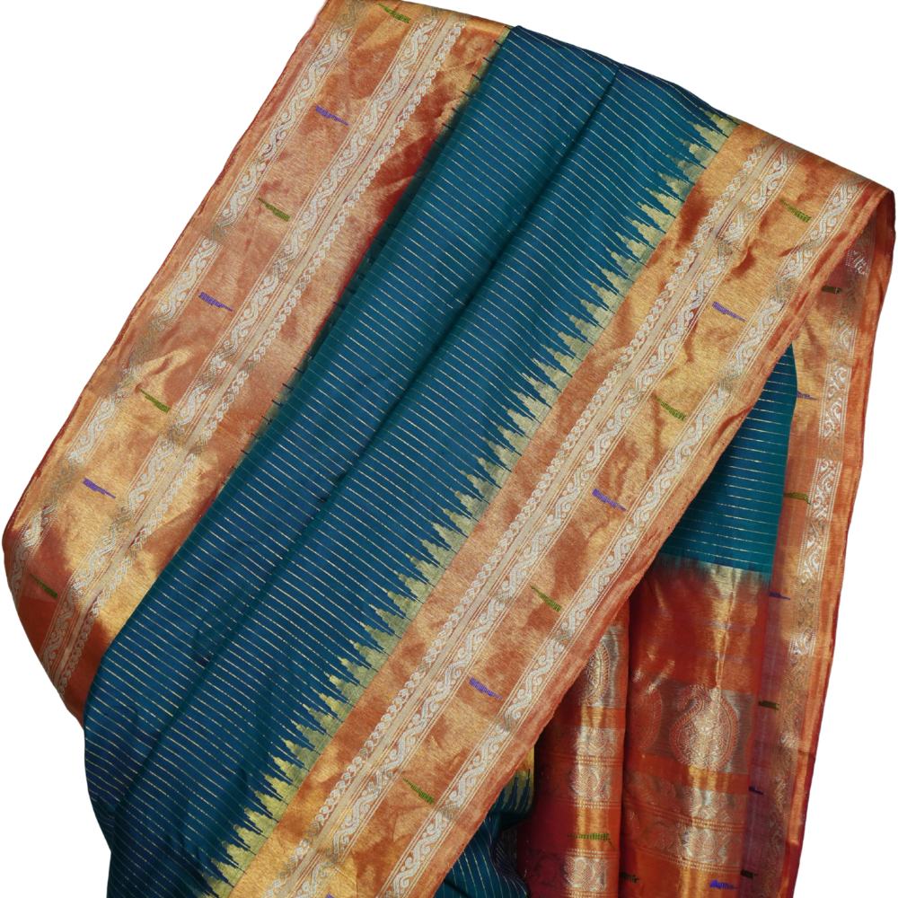 Handloom Gadwal pure tissue silk saree with intricate zari motifs and muniya borders.
