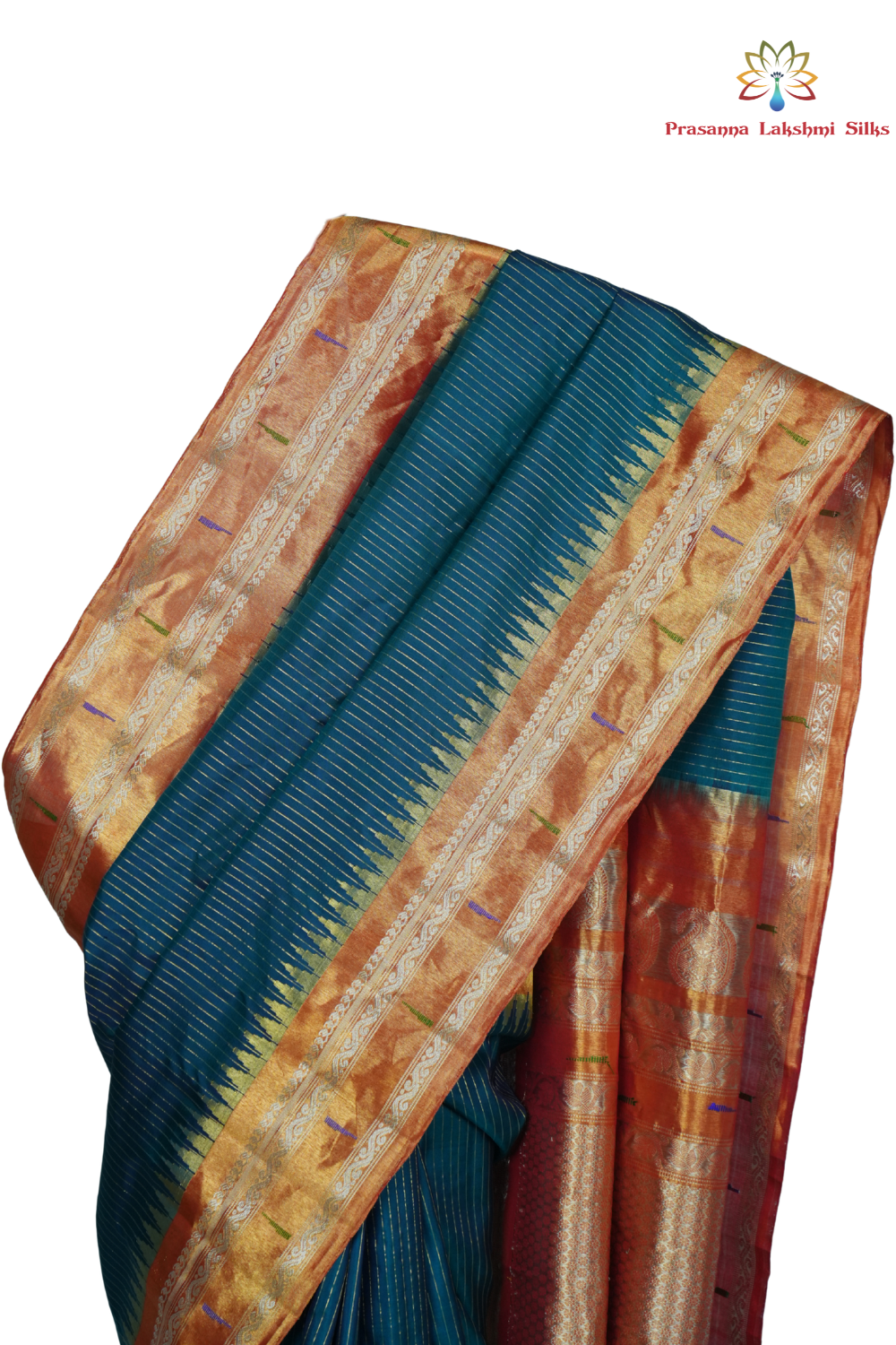 Handloom Gadwal pure tissue silk saree with intricate zari motifs and muniya borders.

