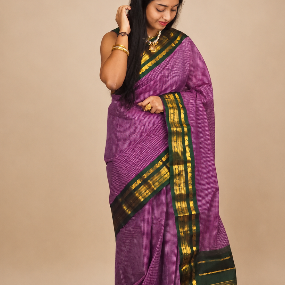 Authentic handloom Gadwal cotton saree ideal for office and temple wear with subtle zari detailing.