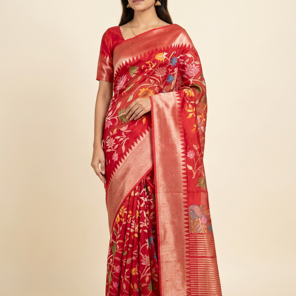 Banarasi Munga silk saree with all-over zari woven floral motifs and rich brocade pallu.
