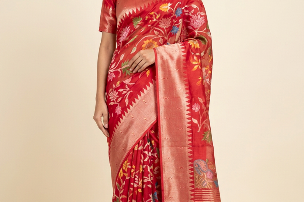 Banarasi Munga silk saree with all-over zari woven floral motifs and rich brocade pallu.
