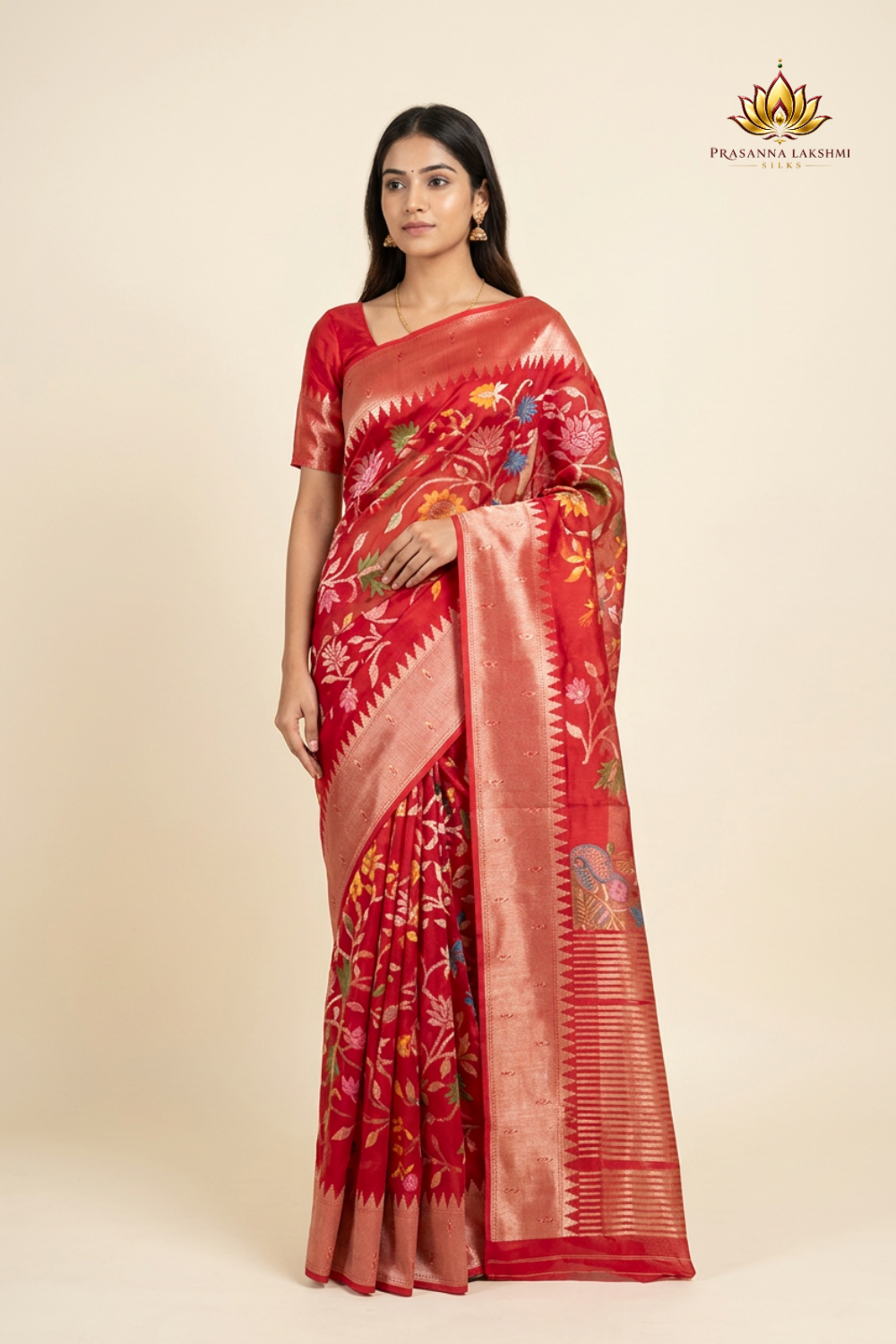 Banarasi Munga silk saree with all-over zari woven floral motifs and rich brocade pallu.
