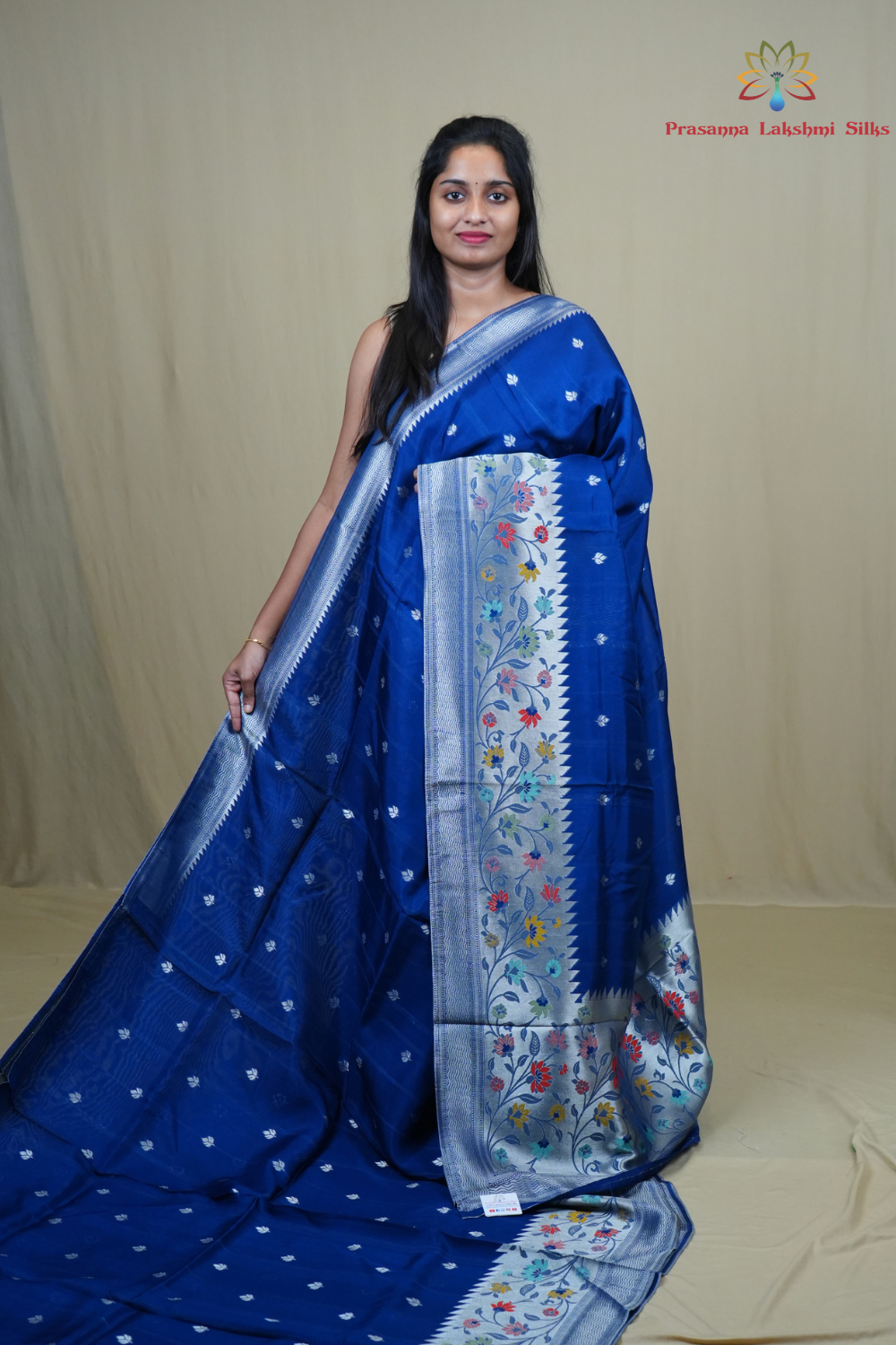 Tussar Georgette Saree with all-over silver zari woven motifs and floral Meenakari borders.
