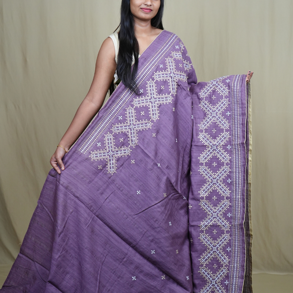 Traditional semi Tussar saree suitable for festive occasions with intricate Kutch work detailing.