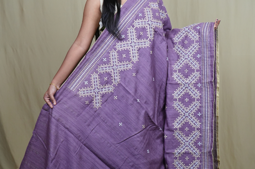 Traditional semi Tussar saree suitable for festive occasions with intricate Kutch work detailing.