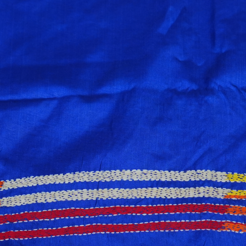 Traditional semi Bangalore silk saree with intricate Kantha embroidery suitable for festive occasions.