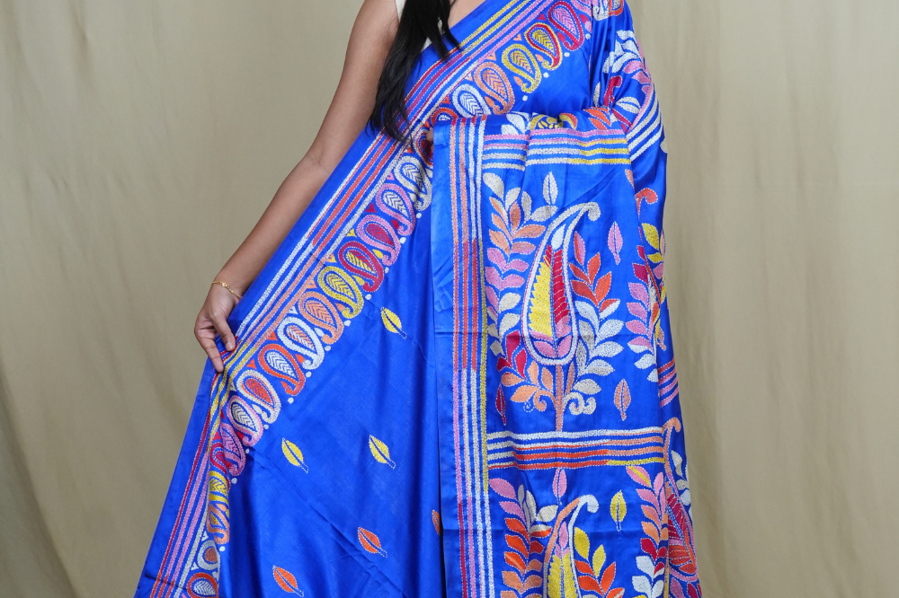 Semi Bangalore silk saree with all-over hand Kantha work and rich embroidered pallu.
