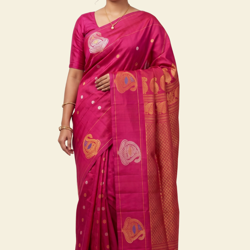 Pure handloom Gadwal silk saree with all-over zari motifs and intricate turning borders
