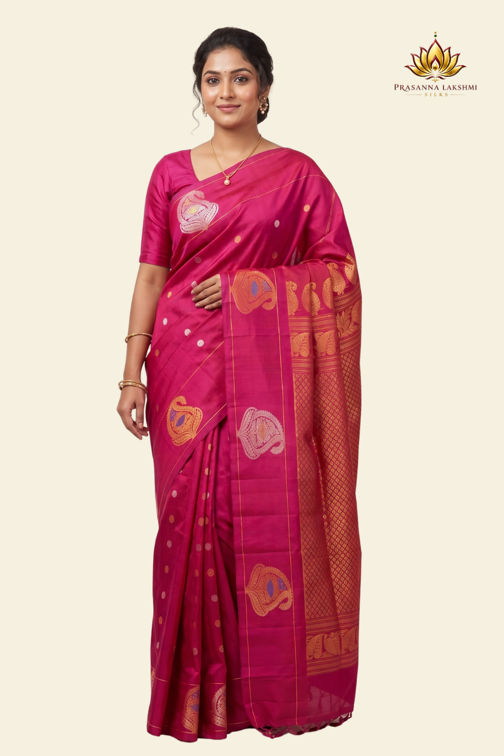 Pure handloom Gadwal silk saree with all-over zari motifs and intricate turning borders
