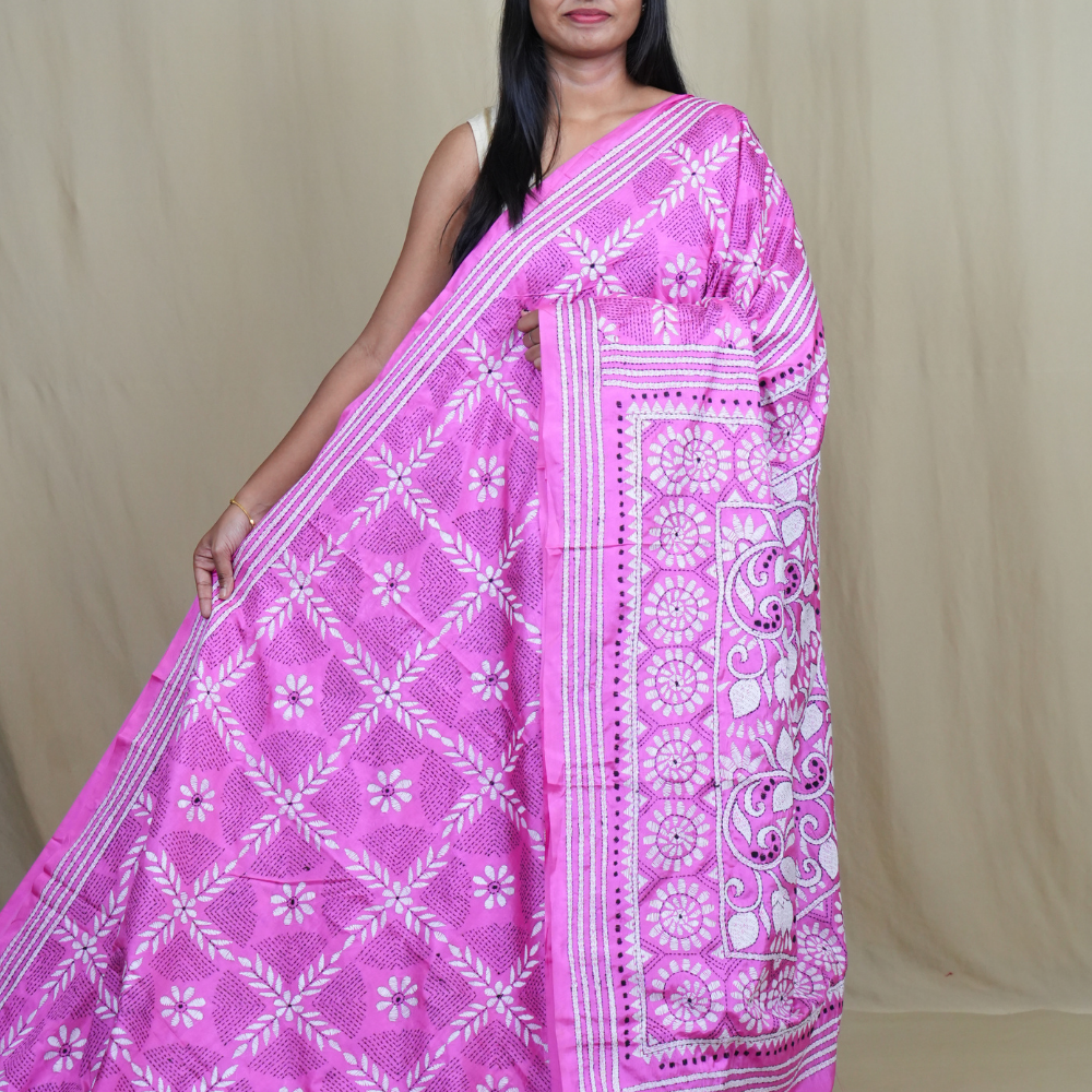 Semi Bangalore silk saree with all-over hand Kantha work and rich embroidered pallu.

