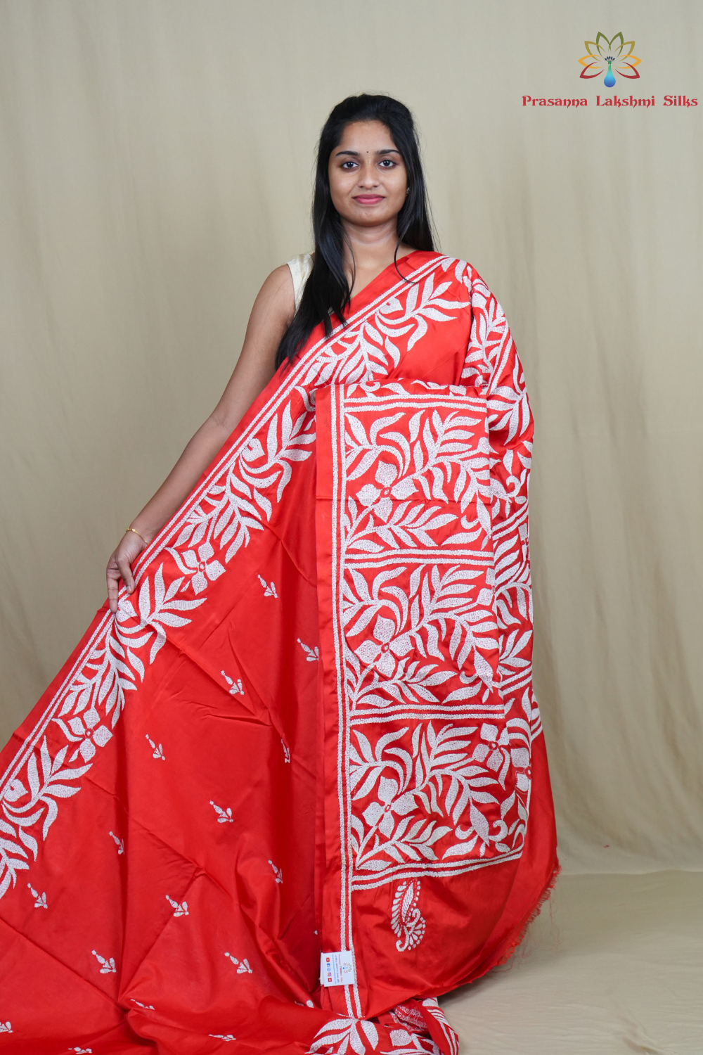 Semi Bangalore silk saree with all-over hand Kantha work and rich embroidered pallu.
