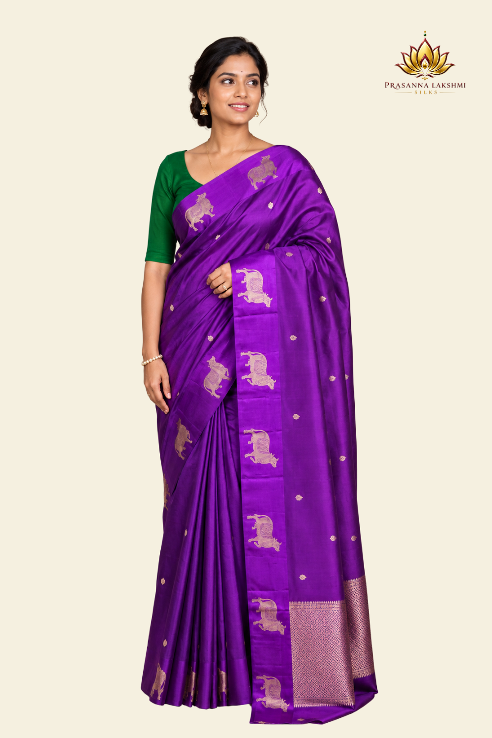 Pure Banarasi Raw Mango Silk saree with allover zari motifs and cow motif border
