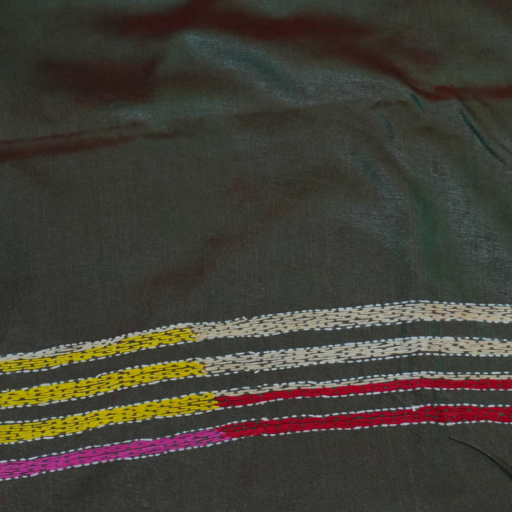 Traditional semi Bangalore silk saree with intricate Kantha embroidery suitable for festive occasions.