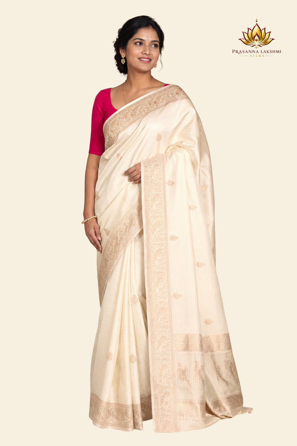 Pure Banarasi Raw Mango Silk saree with allover zari motifs and cow motif border
