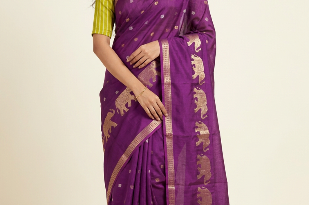 Banarasi Munga silk saree with all-over zari woven floral motifs and rich brocade pallu.
