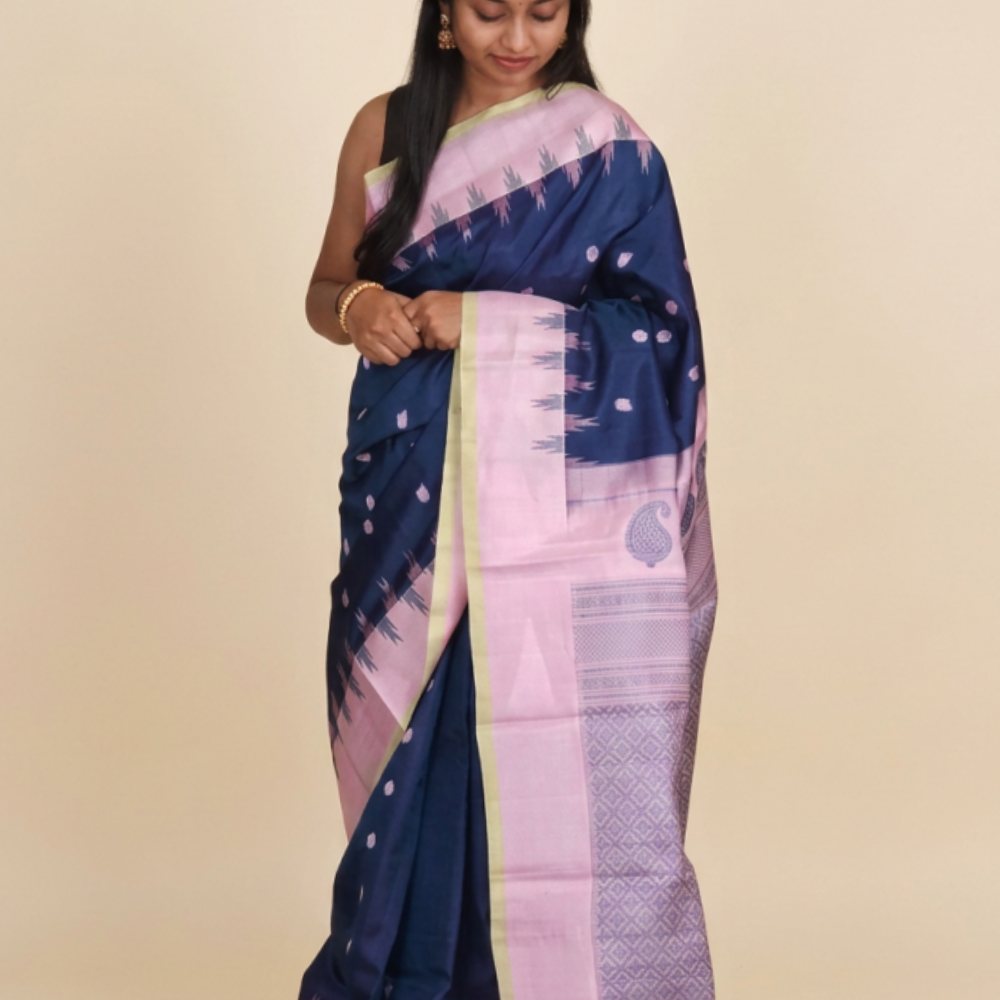 Silk Mark certified peacock blue Gadwal silk saree with pink blouse and intricate zari motifs
