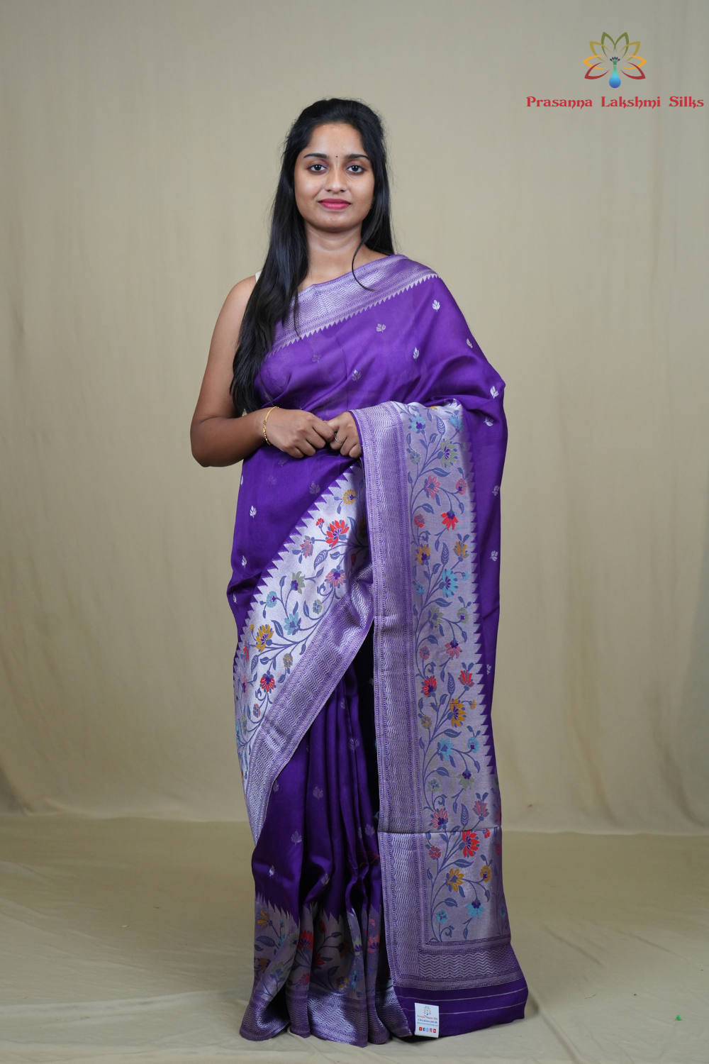 Tussar Georgette Saree with all-over silver zari woven motifs and floral Meenakari borders.
