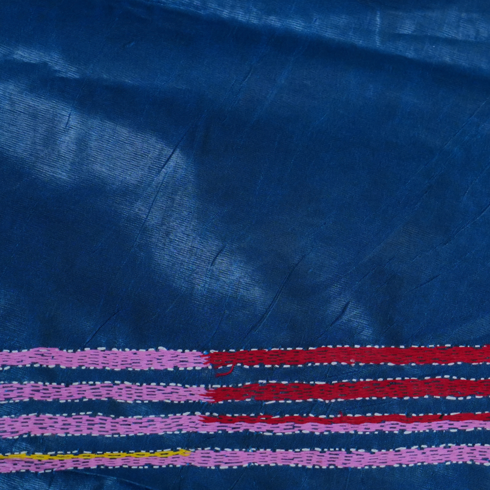 Traditional semi Bangalore silk saree with intricate Kantha embroidery suitable for festive occasions.