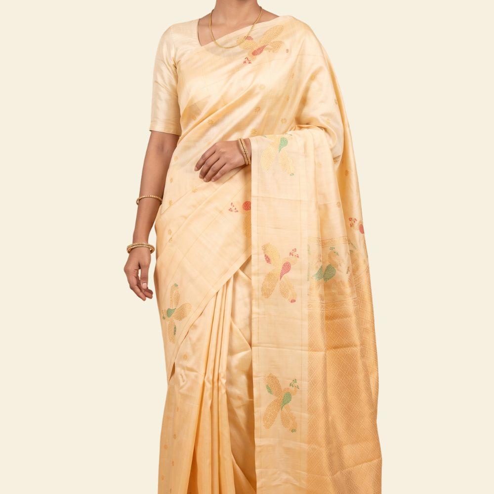 Pure handloom Gadwal silk saree with all-over zari motifs and intricate turning borders
