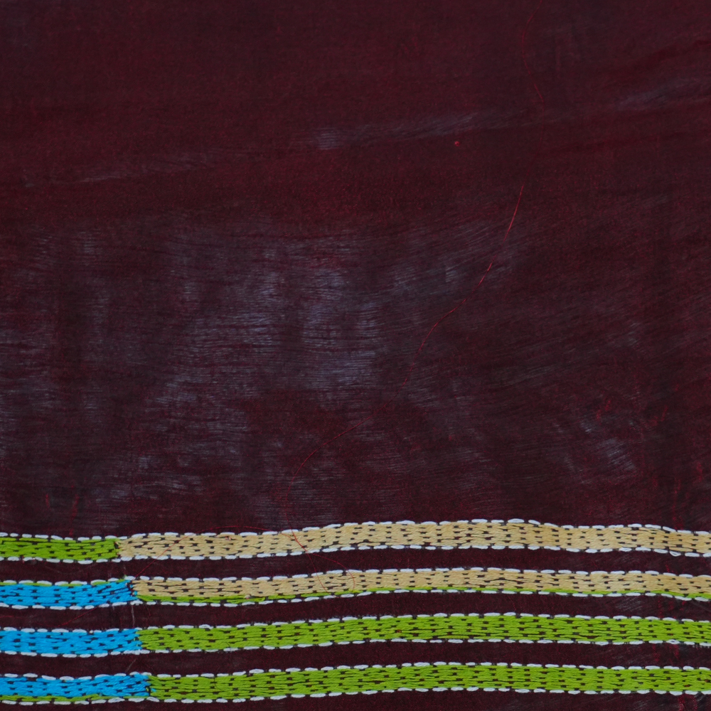 Traditional semi Bangalore silk saree with intricate Kantha embroidery suitable for festive occasions.