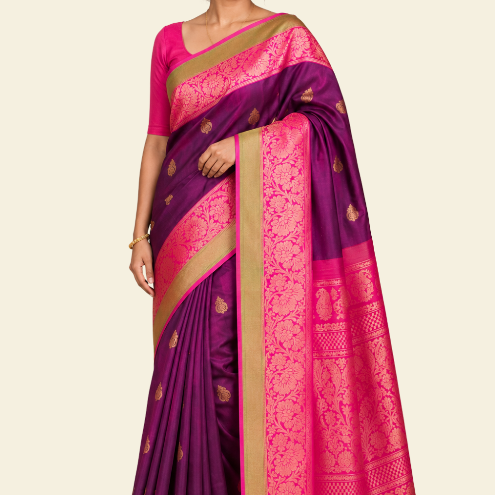 Pure handloom Gadwal silk saree with all-over zari motifs and intricate turning borders
