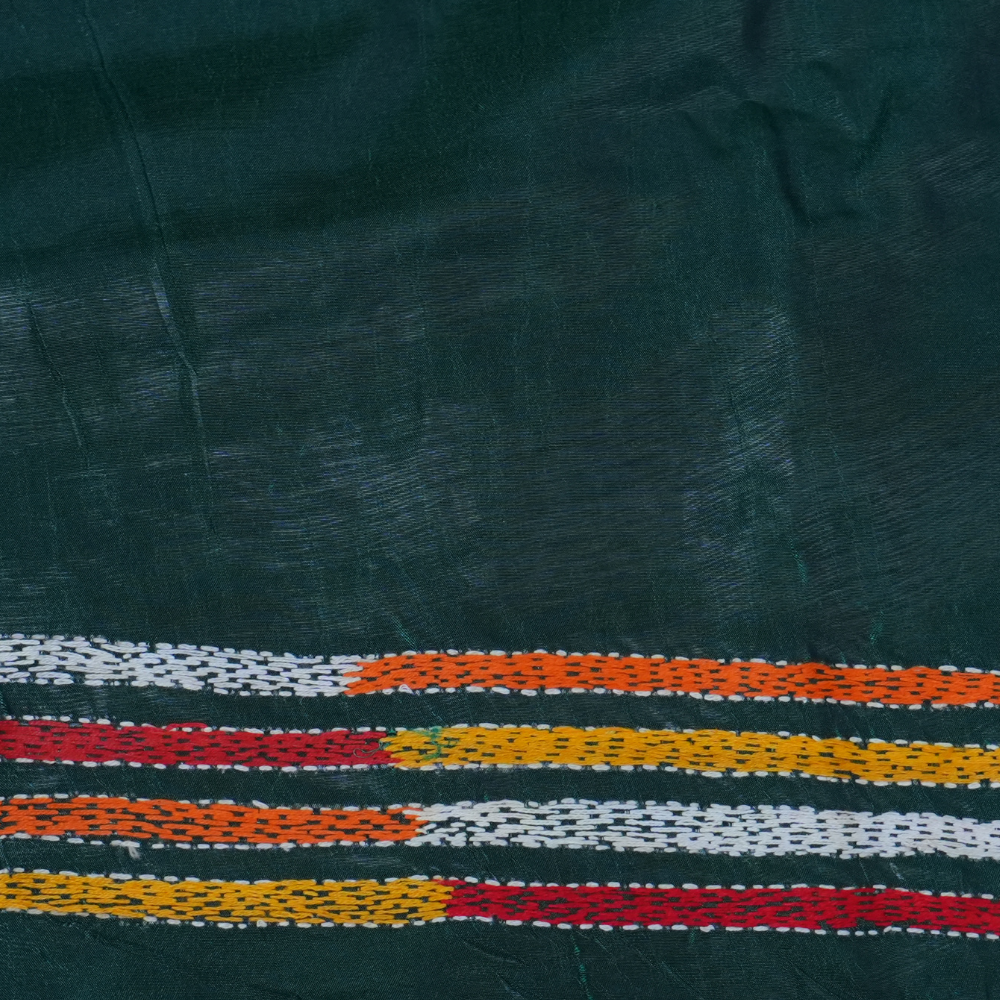 Traditional semi Bangalore silk saree with intricate Kantha embroidery suitable for festive occasions.