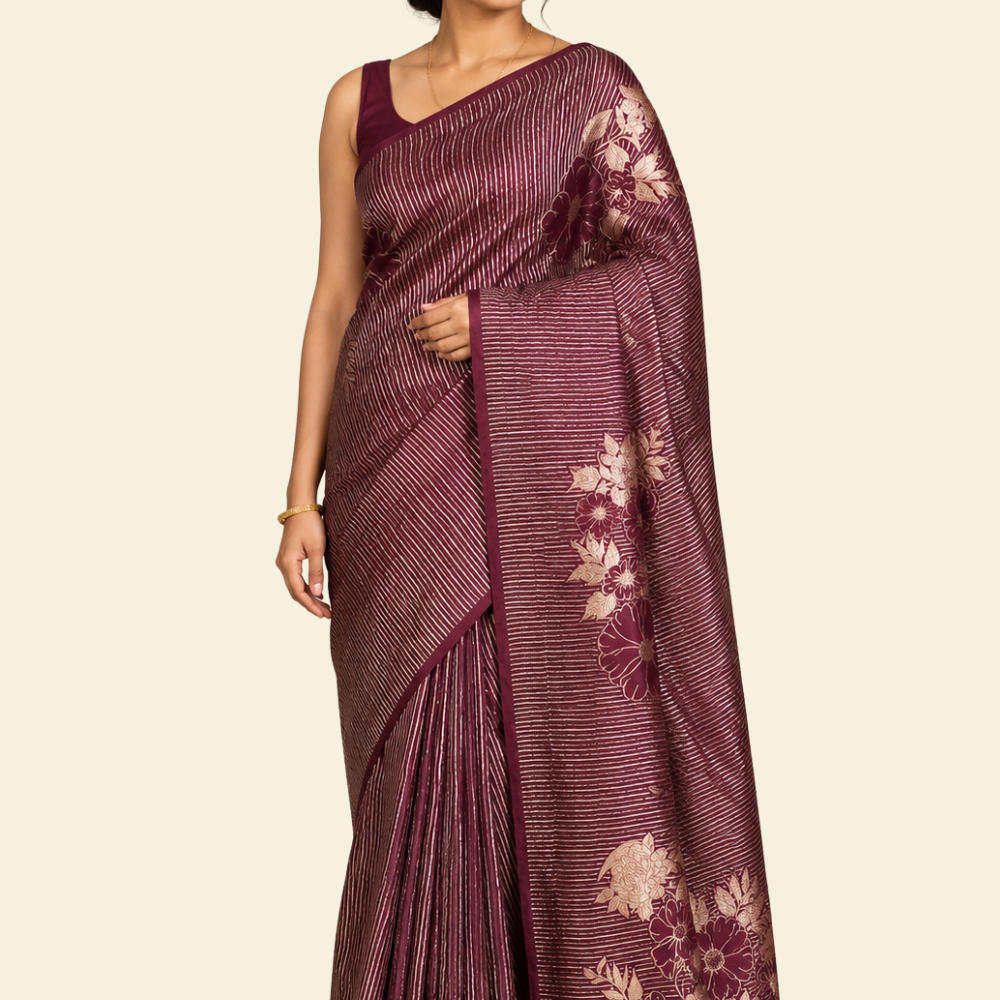 Crepe silk saree with gold and silver vertical stripes and velvet floral pallu
